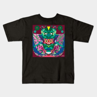 jade mask in red queen pattern ecopop in mexican maya adventure Kids T-Shirt